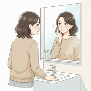 洗面所の鏡の前で頬に触れ、左右差を気にしている