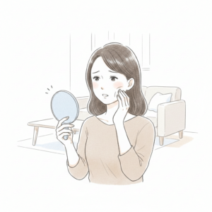 守山市で手鏡を見てたるみと痛みを心配する女性