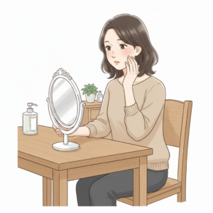 鏡を調整し、眉や口元の左右を確かめ