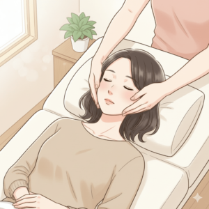 施術ベッドで横になり、頬まわりをやさしく整えられている