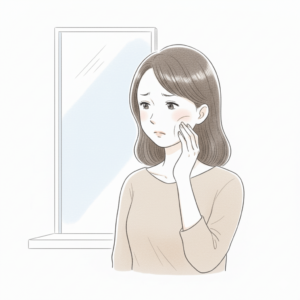 頬を強く押してしまい顔がこわばる女性