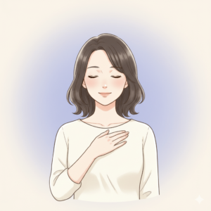 目を閉じて深呼吸し、安心した表情で力を抜いている