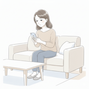 猫背でスマホを見続け首や肩がこる女性