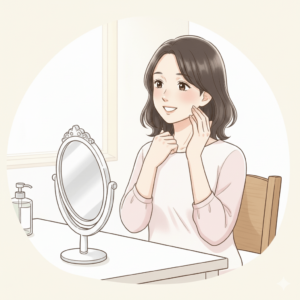 鏡を見てフェイスラインに触れ、変化にほっと微笑んでいる