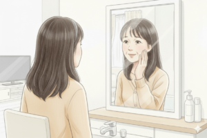 鏡を見て頬に手を添えほっと笑う女性