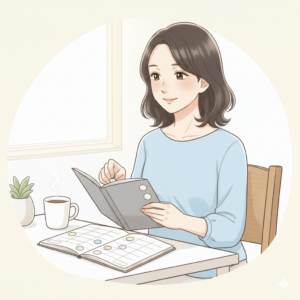 机で手帳を開き、通う予定を前向きに書き込んでいる