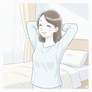 朝の鏡前で頬の位置の変化にうれしくなる女性