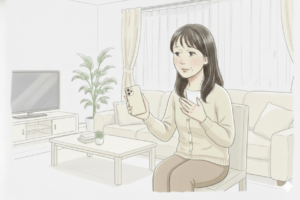 ソファでスマホを見ながら慎重に選ぶ女性