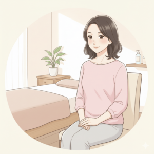 守山市の個室サロンで椅子に座り、安心して微笑んでいる