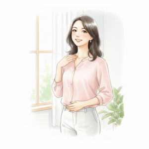 窓辺で肩の力を抜き前向きにほほえむ女性