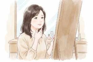 鏡の前で少し不安そうに顎下を確かめる女性