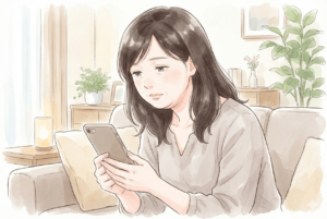 ソファでスマホを見て首が前に出ている女性