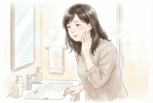 朝の洗面所でむくみを気にして頬に触れる女性