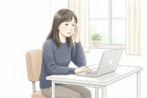 デスク前でこめかみを押さえ疲れた表情の女性