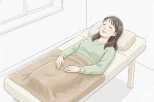 サロンのベッドで目を閉じリラックスする女性