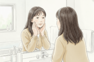 洗面所でフェイスラインをやさしく撫でる女性