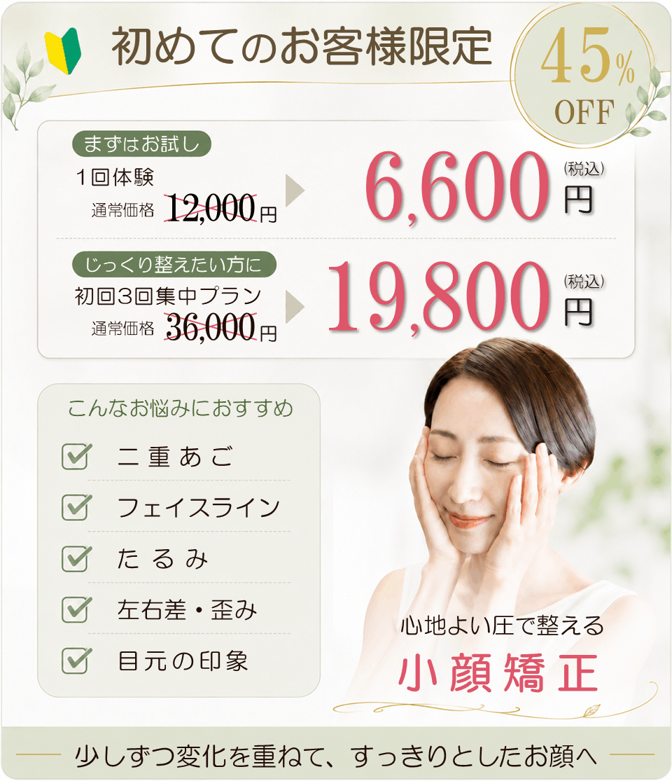 初めてのお客様限定 小顔矯正1回体験6,600円・初回3回集中プラン19,800円
